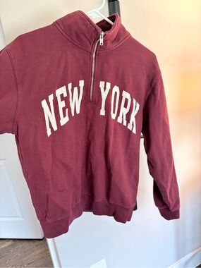 Brandy Melville Maroon 'New York' Half-Zip Sweatshirt with White Lettering